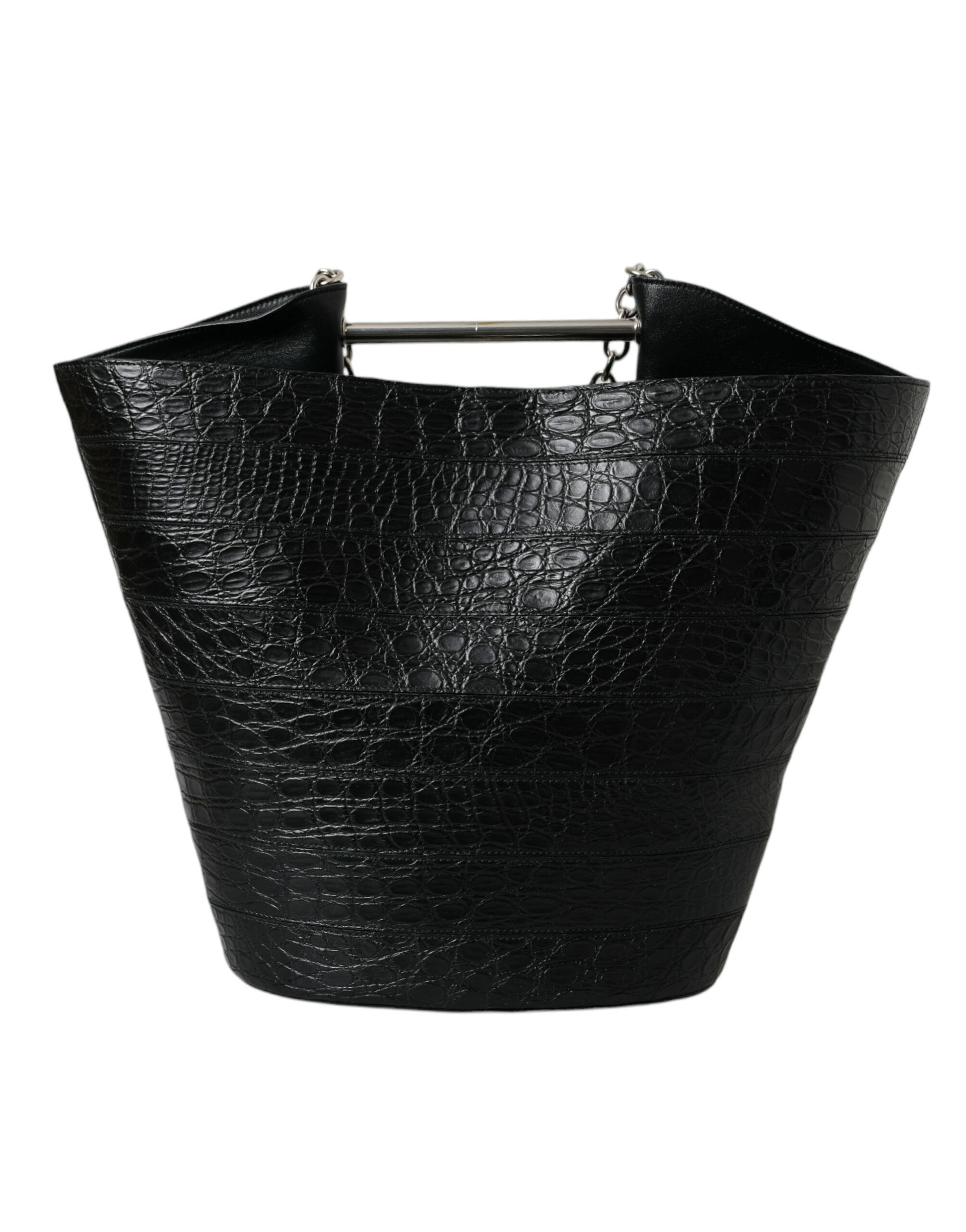 Elegant Black Crocodile Leather Maxi Bucket Bag - GLAMHUB BOUTIQUE 