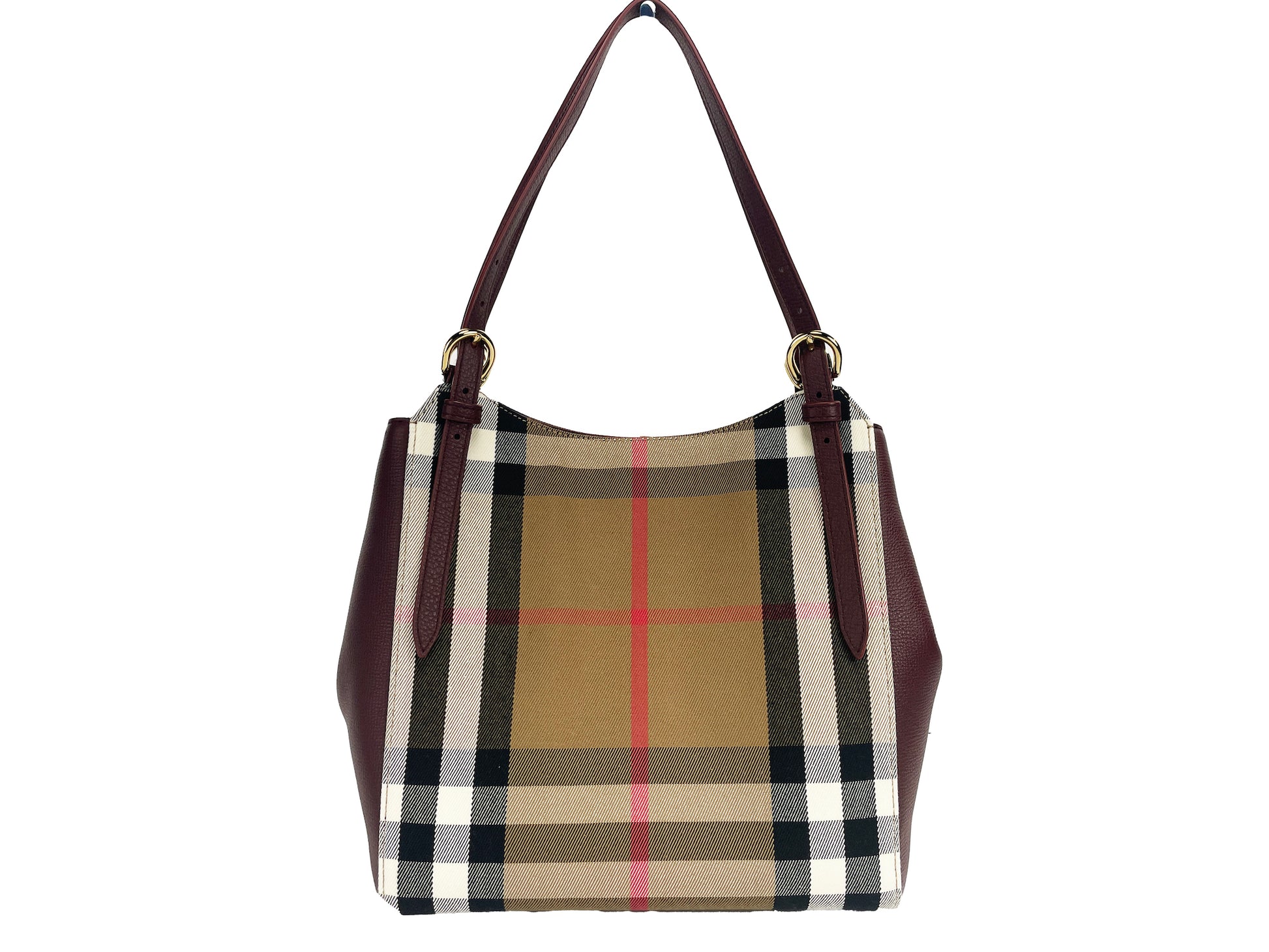 Small Canterby Mahogany Leather Check Canvas Tote Bag Purse - GLAMHUB BOUTIQUE 