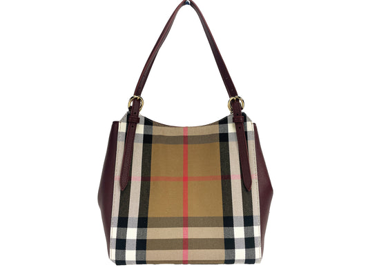 Small Canterby Mahogany Leather Check Canvas Tote Bag Purse - GLAMHUB BOUTIQUE 