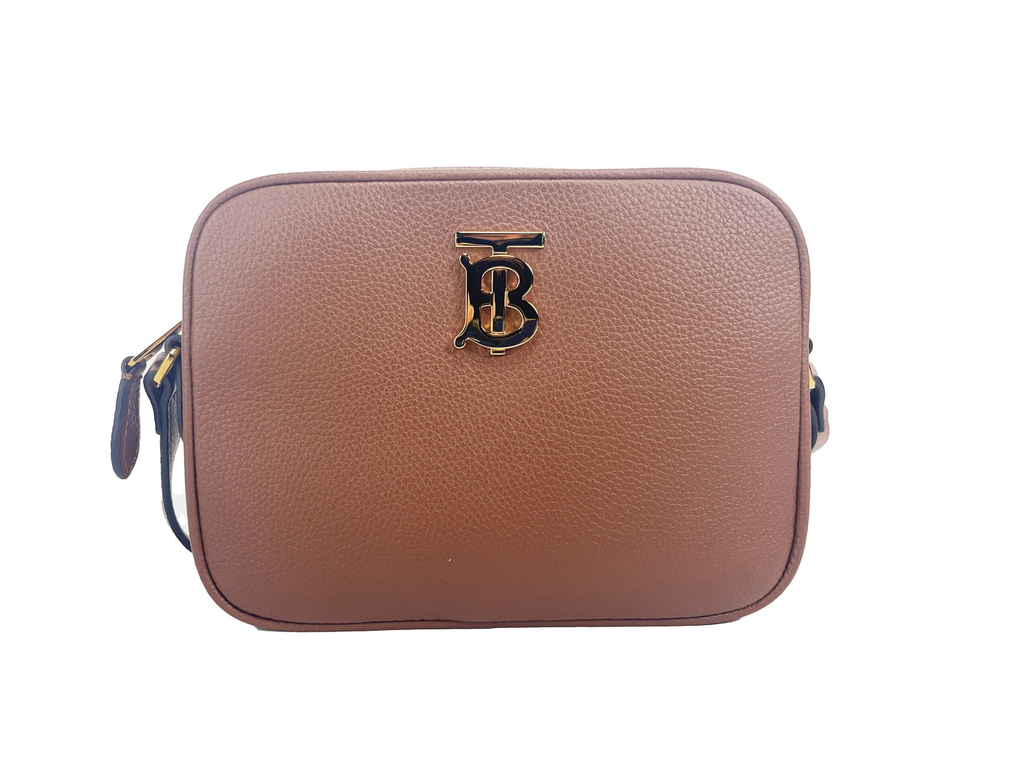 Small Leather Tan Camera Crossbody TB Logo Bag - GLAMHUB BOUTIQUE 