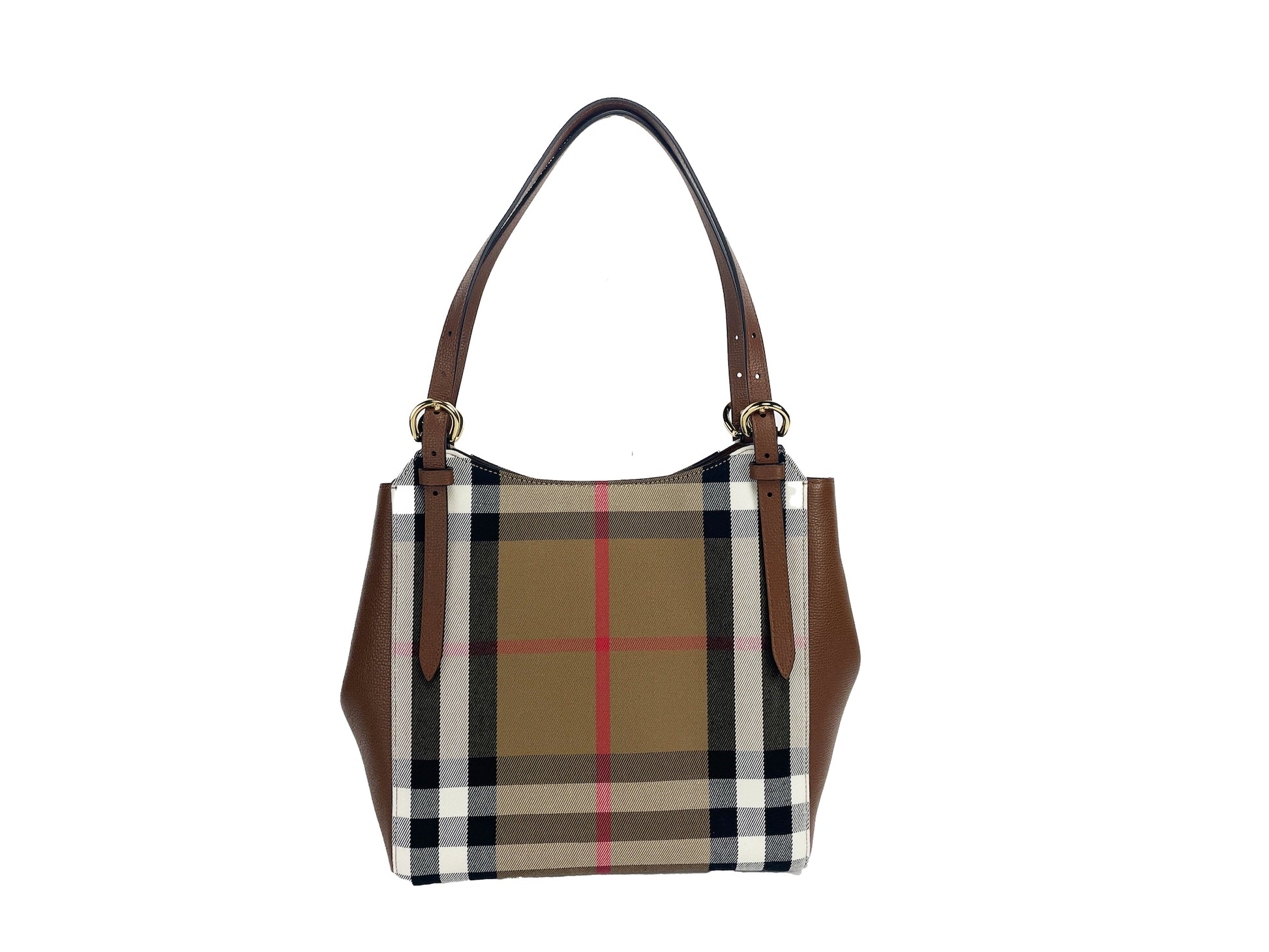 Small Canterby Tan Leather Check Canvas Tote Bag Purse - GLAMHUB BOUTIQUE 