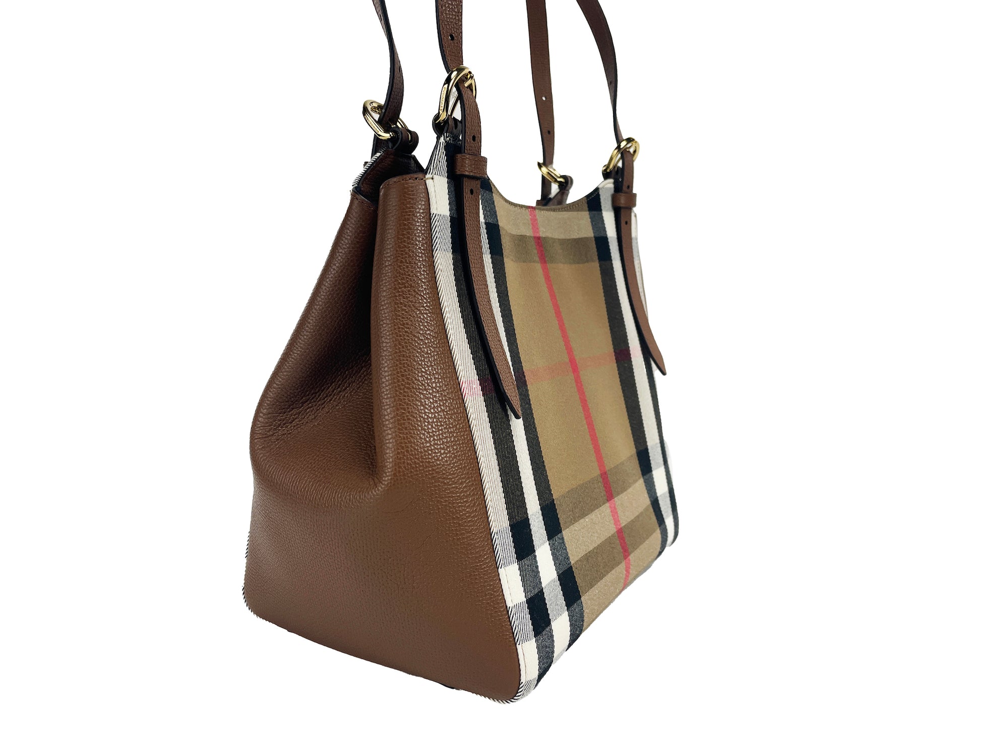 Small Canterby Tan Leather Check Canvas Tote Bag Purse - GLAMHUB BOUTIQUE 