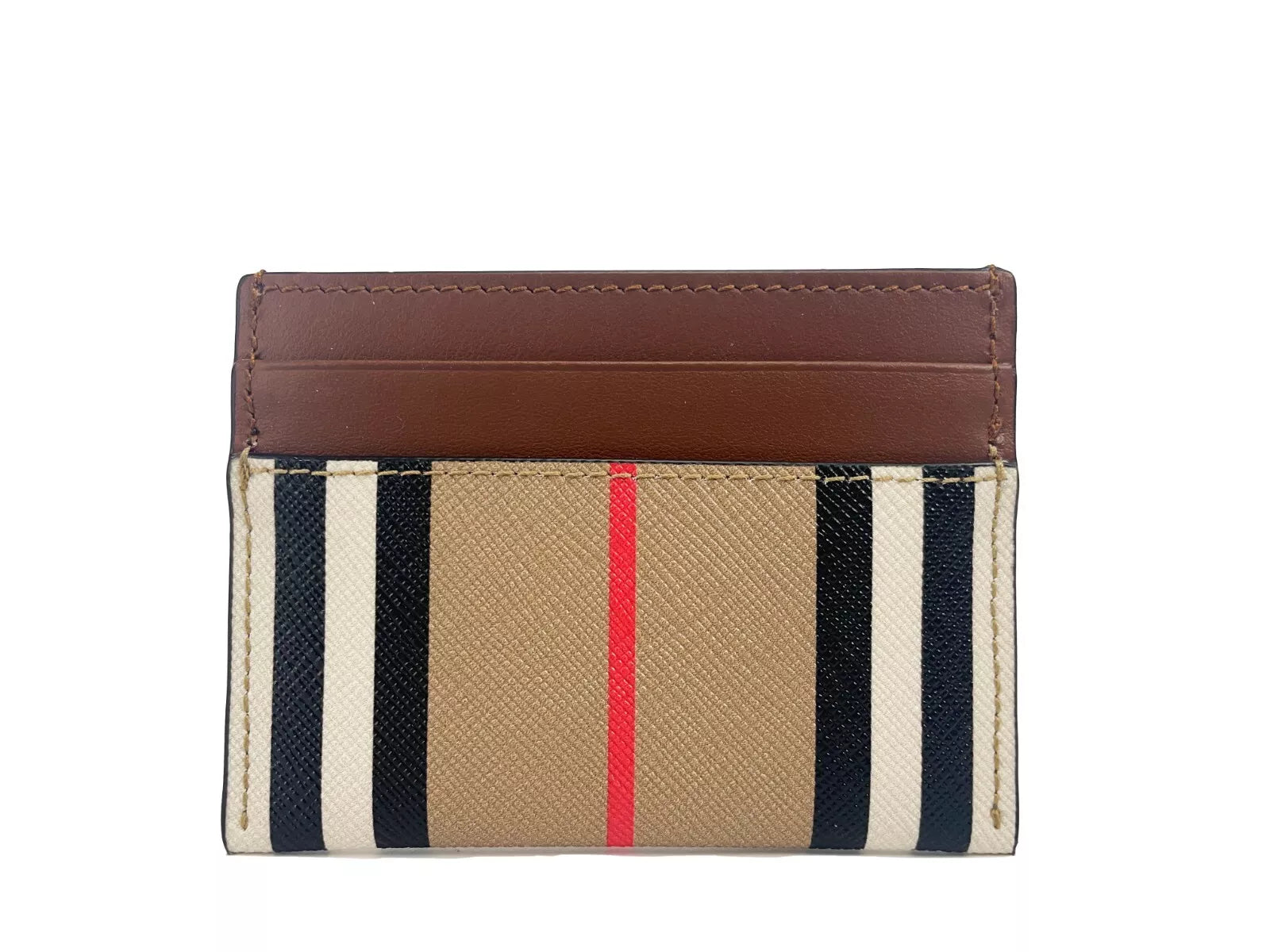 Sandon Tan Canvas Check Printed Leather Slim Card Case Wallet - GLAMHUB BOUTIQUE 