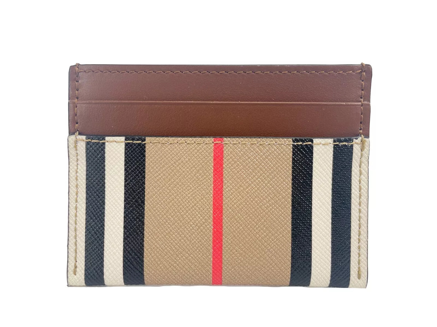 Sandon Tan Canvas Check Printed Leather Slim Card Case Wallet - GLAMHUB BOUTIQUE 