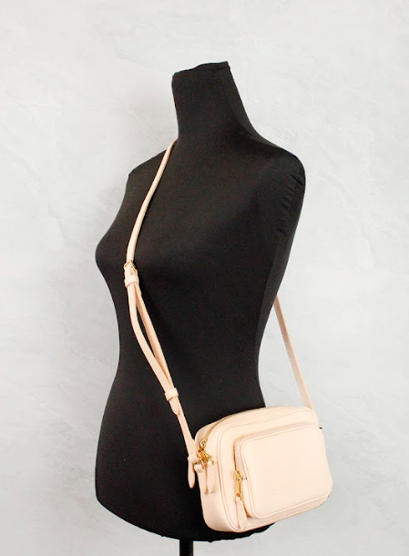 Small Branded Peach Pink Grainy Leather Camera Crossbody Bag - GLAMHUB BOUTIQUE 