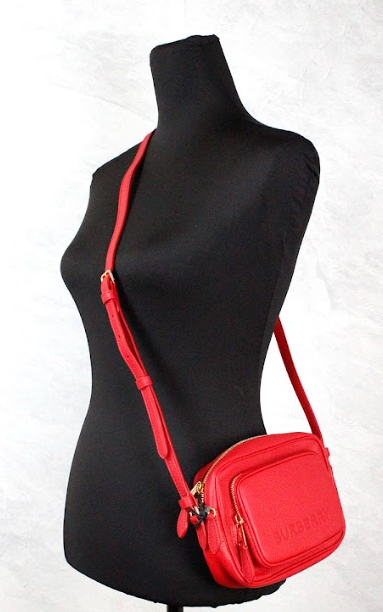 Small Branded Bright Red Grainy Leather Camera Crossbody Bag - GLAMHUB BOUTIQUE 