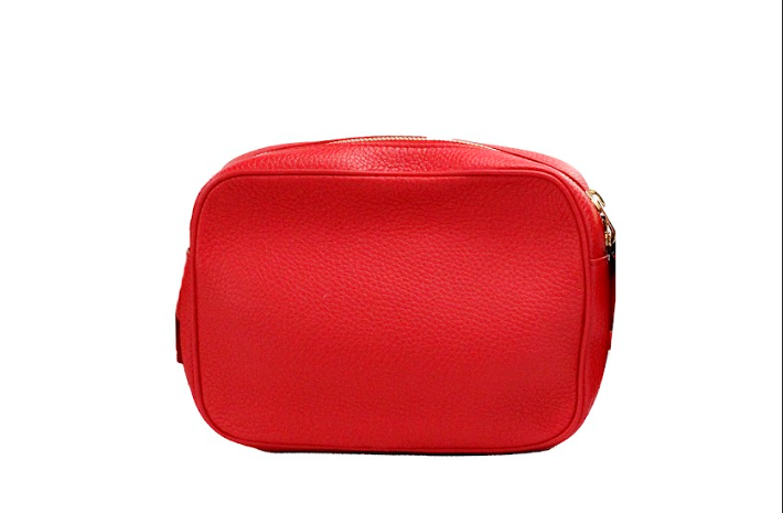 Small Branded Bright Red Grainy Leather Camera Crossbody Bag - GLAMHUB BOUTIQUE 