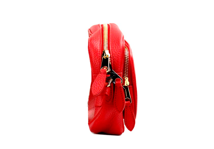 Small Branded Bright Red Grainy Leather Camera Crossbody Bag - GLAMHUB BOUTIQUE 