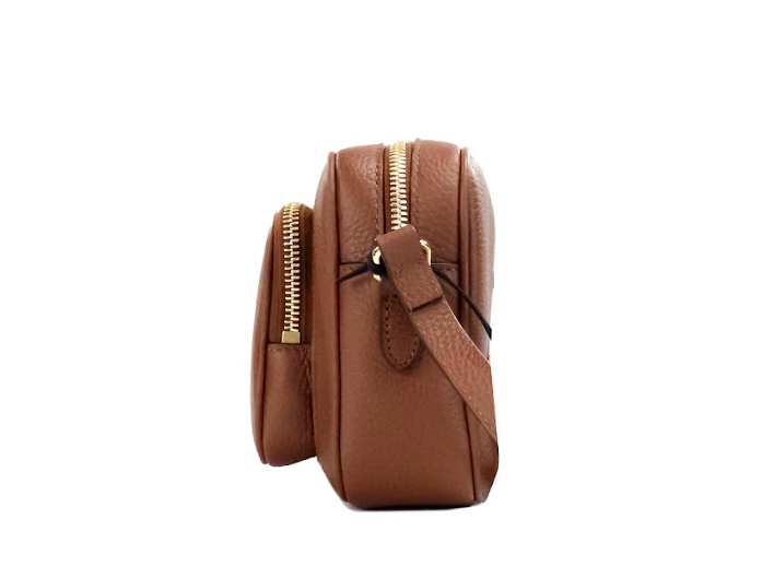 Small Branded Tan Brown Leather Camera Crossbody Bag - GLAMHUB BOUTIQUE 