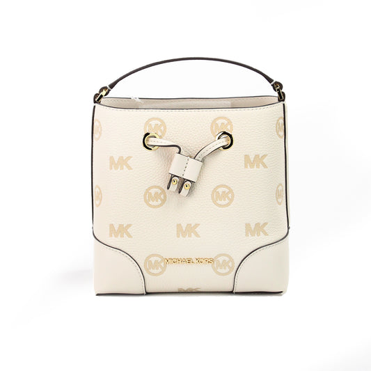 Mercer Small Light Cream Embossed Drawstring Bucket Messenger Bag - GLAMHUB BOUTIQUE 