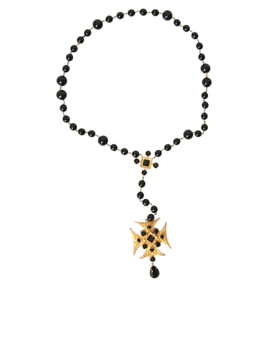 Gold Tone Brass Cross Black Beaded Chain Rosary Necklace