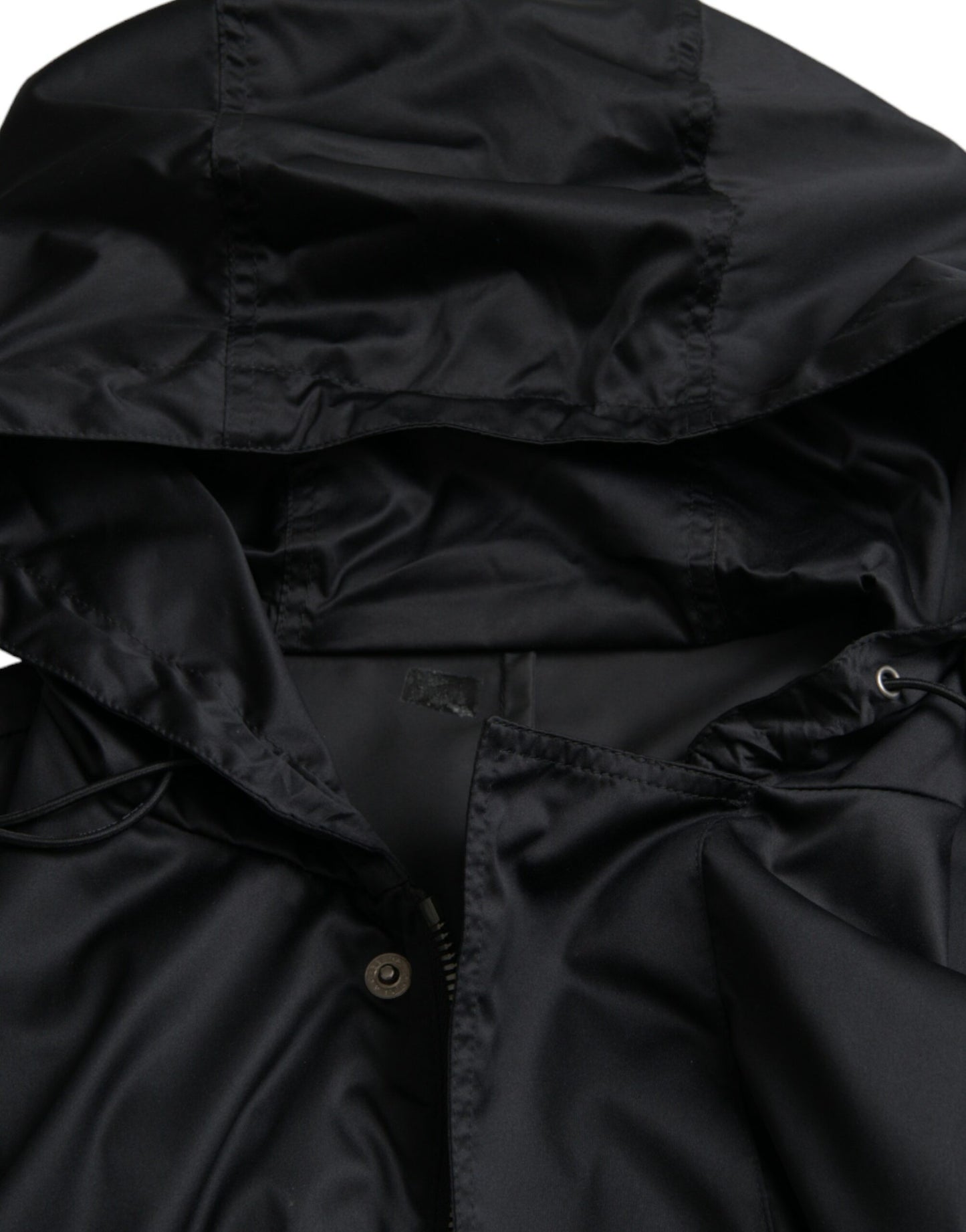 Black Polyester Hooded Long Windbreaker Jacket