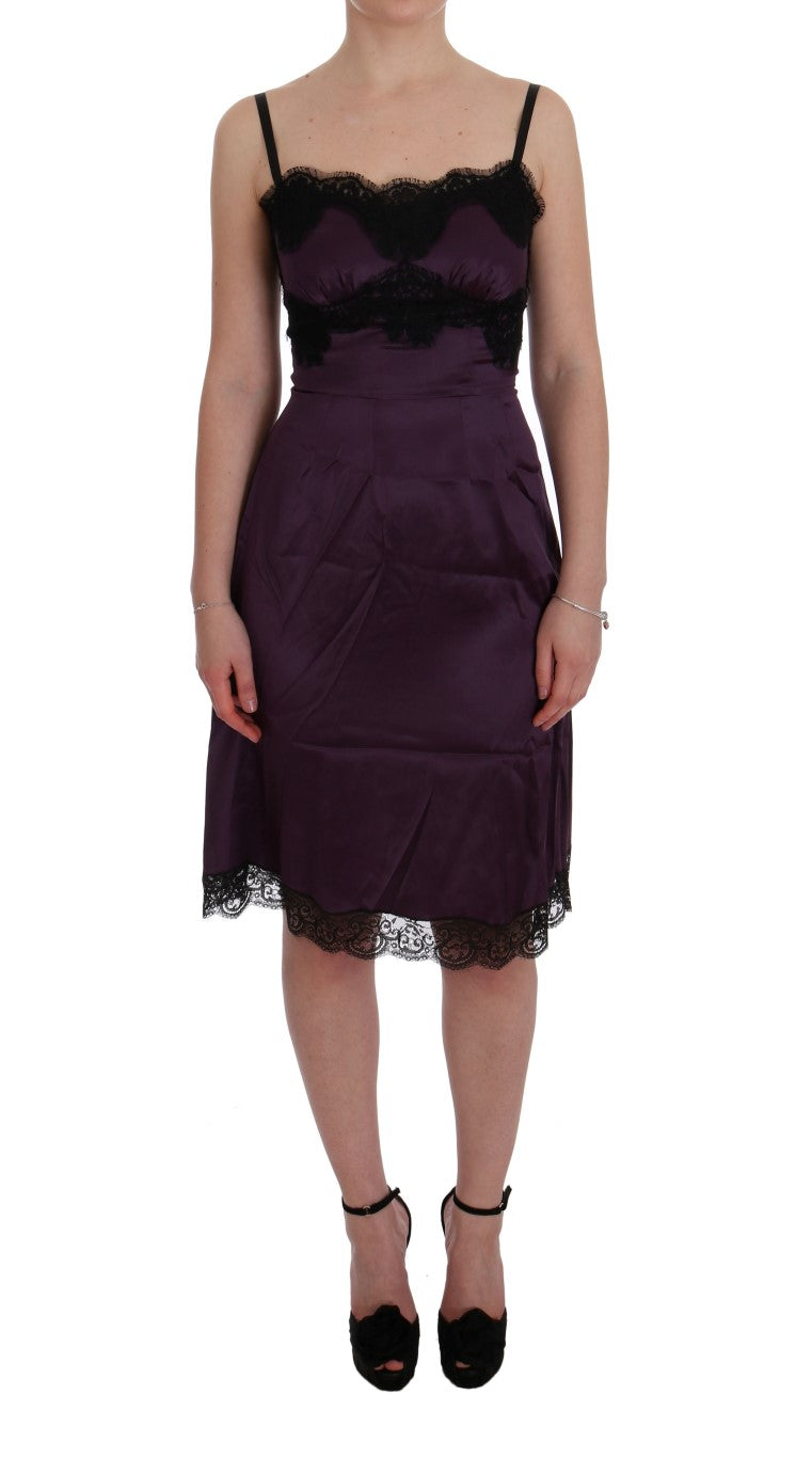 Elegant Purple Silk Lace Shift Dress - GlamHub Luxury and Icon Brand Clothing