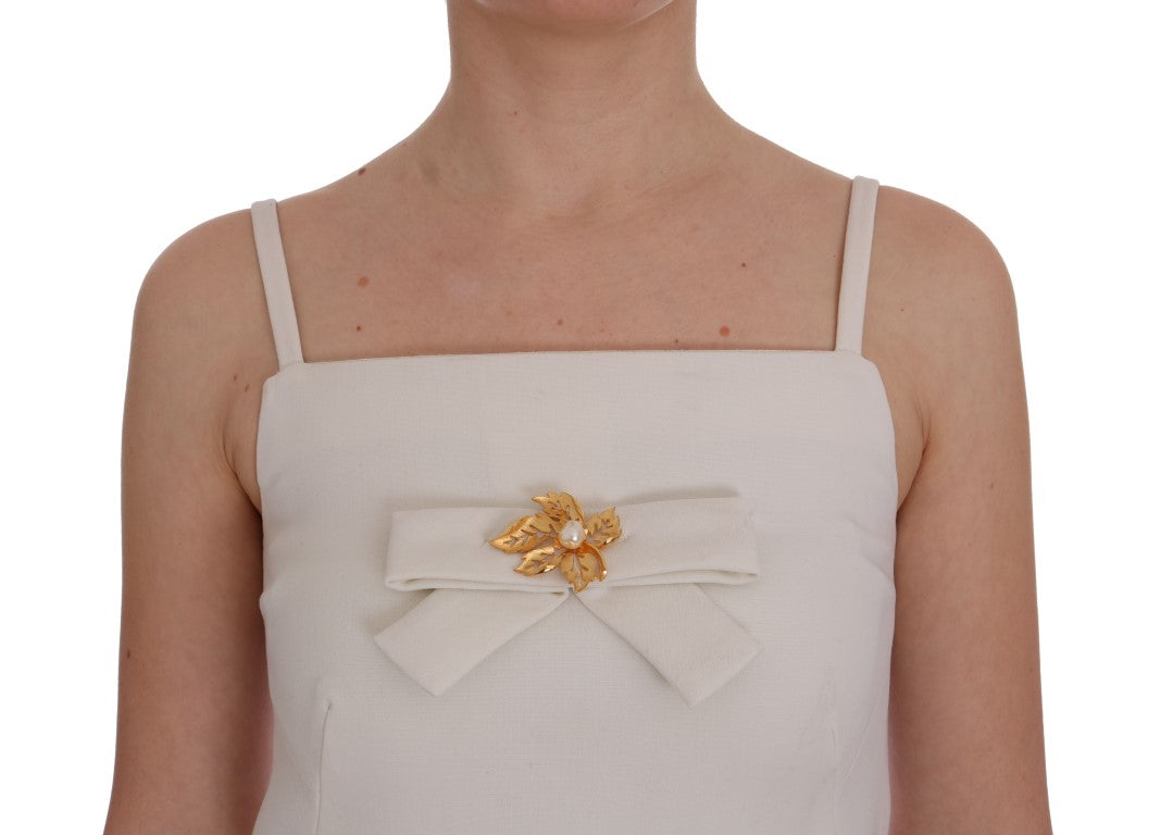 Elegant White Wool Shift Dress with Gold Brooch - GlamHub Luxury and Icon Brand Clothing