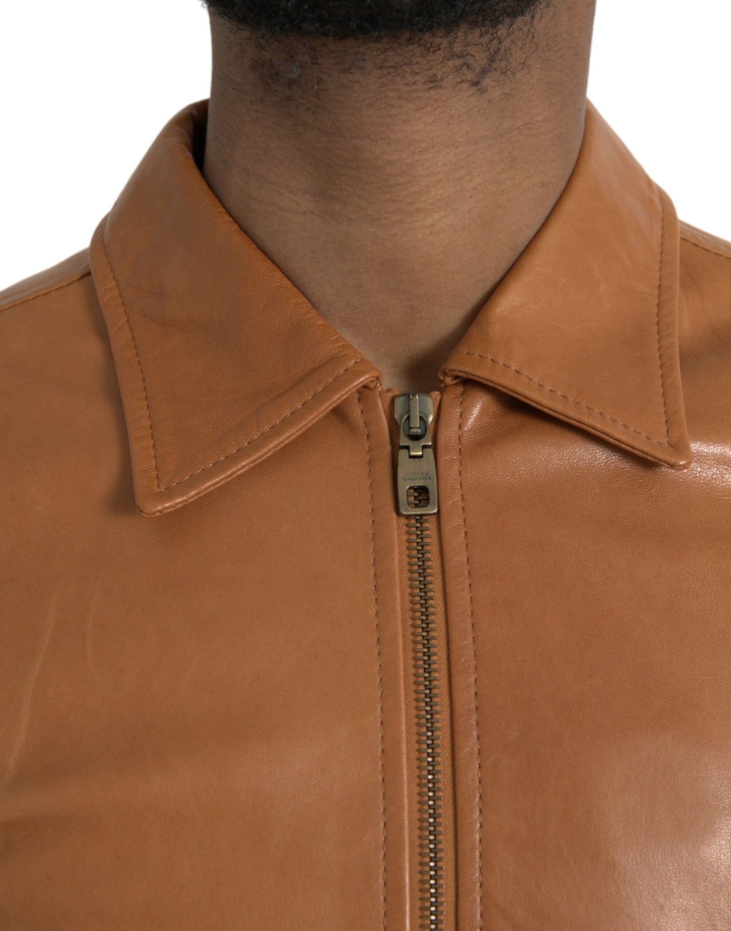 Brown Lamb Leather Full Zip Blouson Jacket