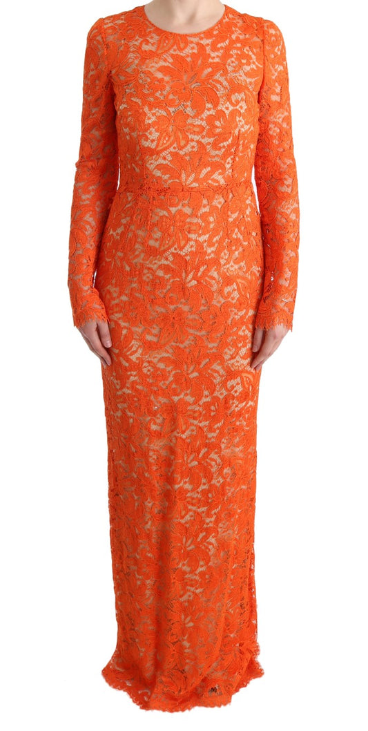 Elegant Long-Sleeve Full-Length Orange Sheath Dress - GlamHub Luxury and Icon Brand Clothing