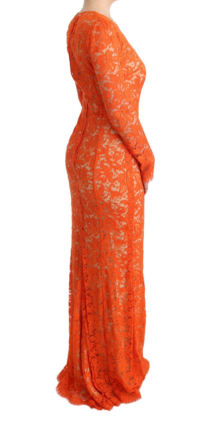 Elegant Long-Sleeve Full-Length Orange Sheath Dress - GlamHub Luxury and Icon Brand Clothing