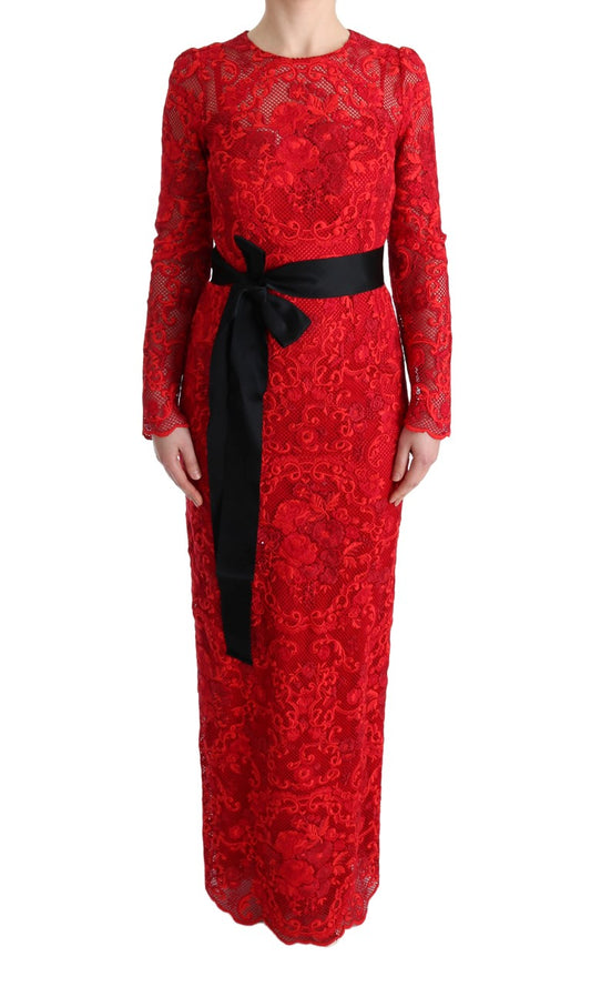 Elegant Red Sheath Dress with Silk Bow Belt - GlamHub Luxury and Icon Brand Clothing