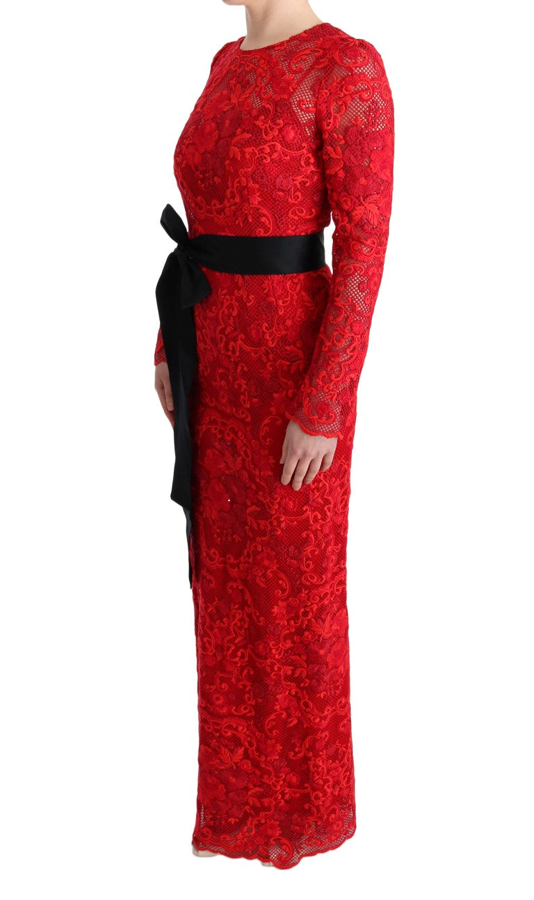 Elegant Red Sheath Dress with Silk Bow Belt - GlamHub Luxury and Icon Brand Clothing