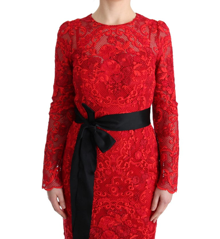 Elegant Red Sheath Dress with Silk Bow Belt - GlamHub Luxury and Icon Brand Clothing