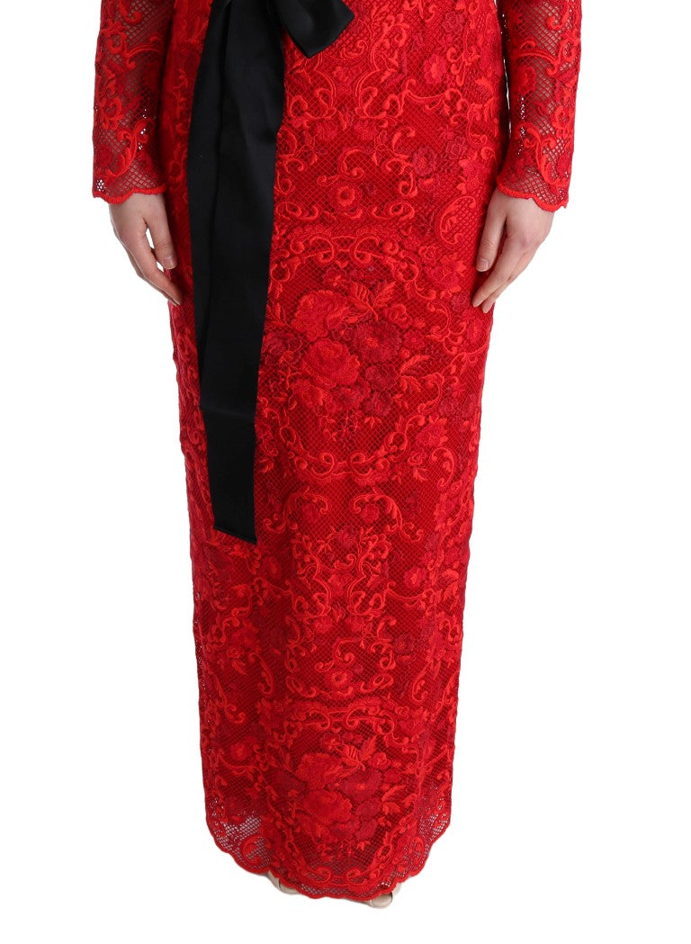 Elegant Red Sheath Dress with Silk Bow Belt - GlamHub Luxury and Icon Brand Clothing