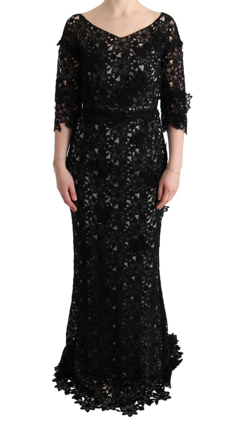 Elegant Black Maxi Shift Dress with Floral Applique - GlamHub Luxury and Icon Brand Clothing