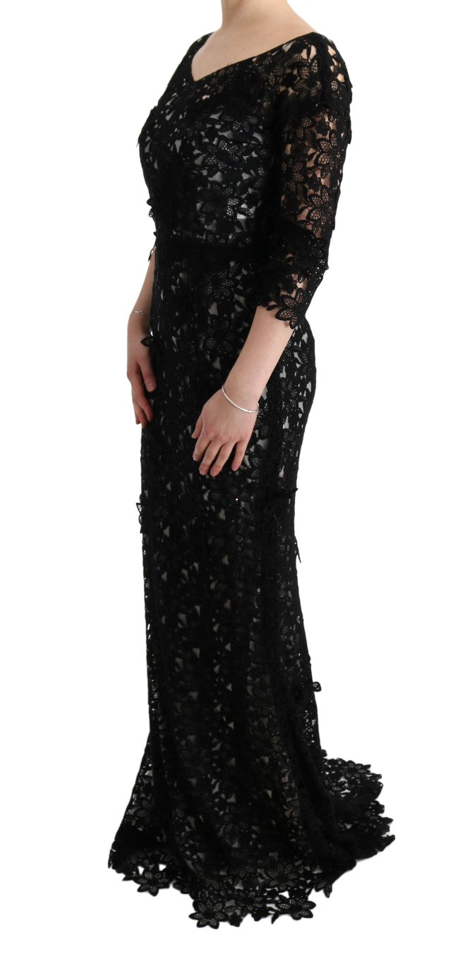 Elegant Black Maxi Shift Dress with Floral Applique - GlamHub Luxury and Icon Brand Clothing