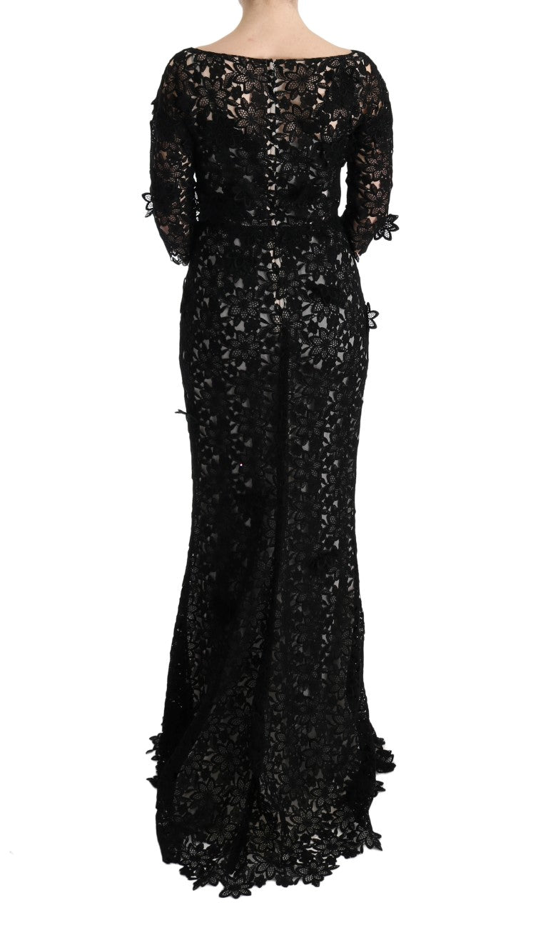 Elegant Black Maxi Shift Dress with Floral Applique - GlamHub Luxury and Icon Brand Clothing