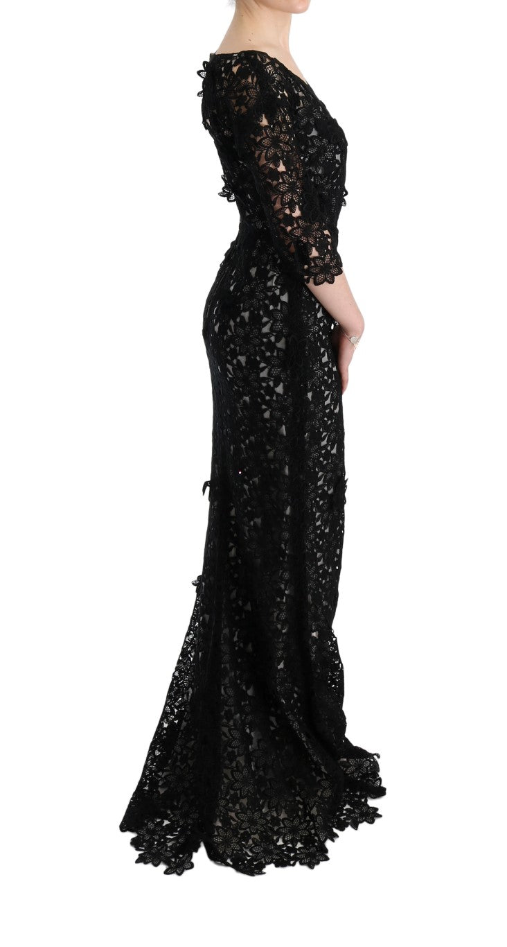 Elegant Black Maxi Shift Dress with Floral Applique - GlamHub Luxury and Icon Brand Clothing