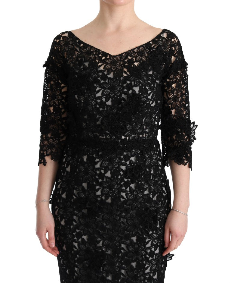 Elegant Black Maxi Shift Dress with Floral Applique - GlamHub Luxury and Icon Brand Clothing