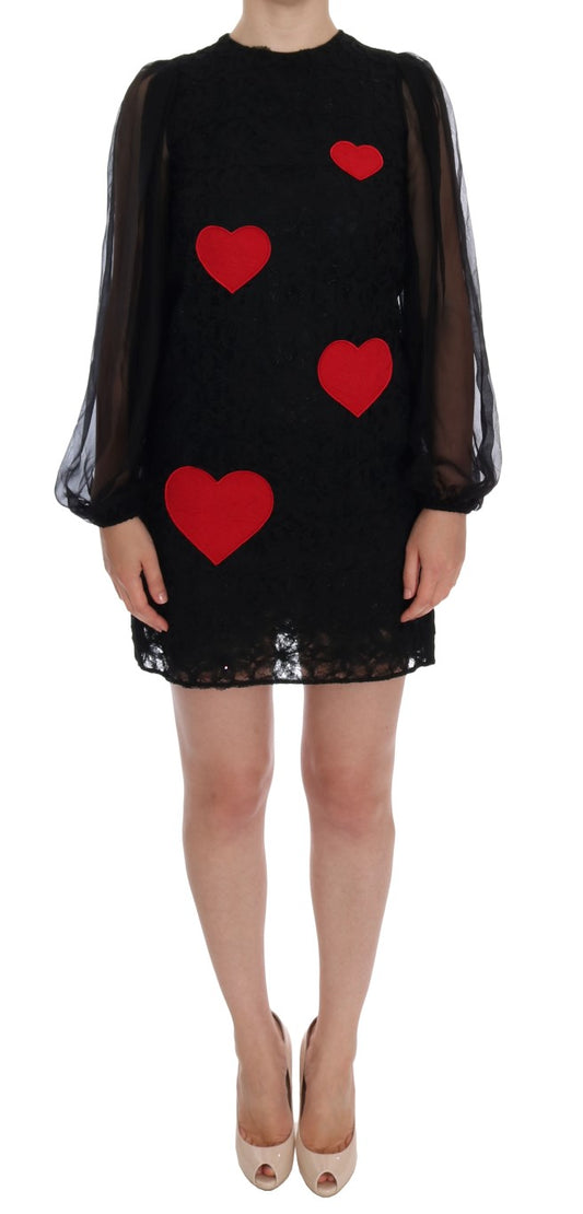 Elegant Black Lace Heart Applique Shift Dress - GlamHub Luxury and Icon Brand Clothing