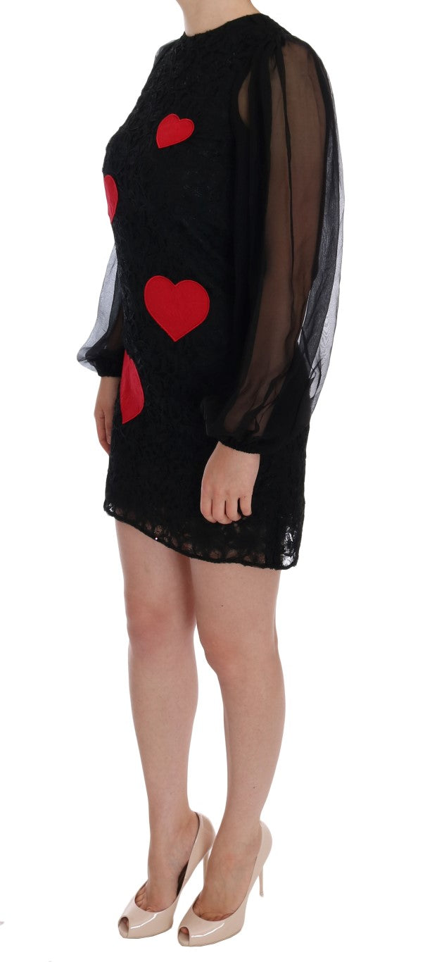 Elegant Black Lace Heart Applique Shift Dress - GlamHub Luxury and Icon Brand Clothing