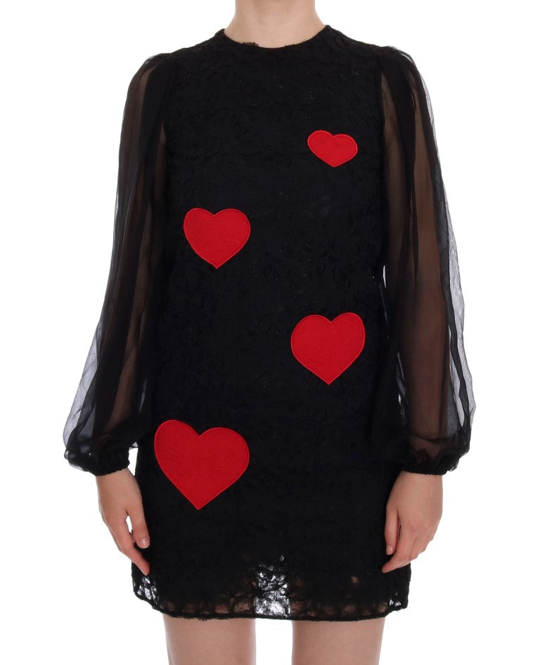 Elegant Black Lace Heart Applique Shift Dress - GlamHub Luxury and Icon Brand Clothing