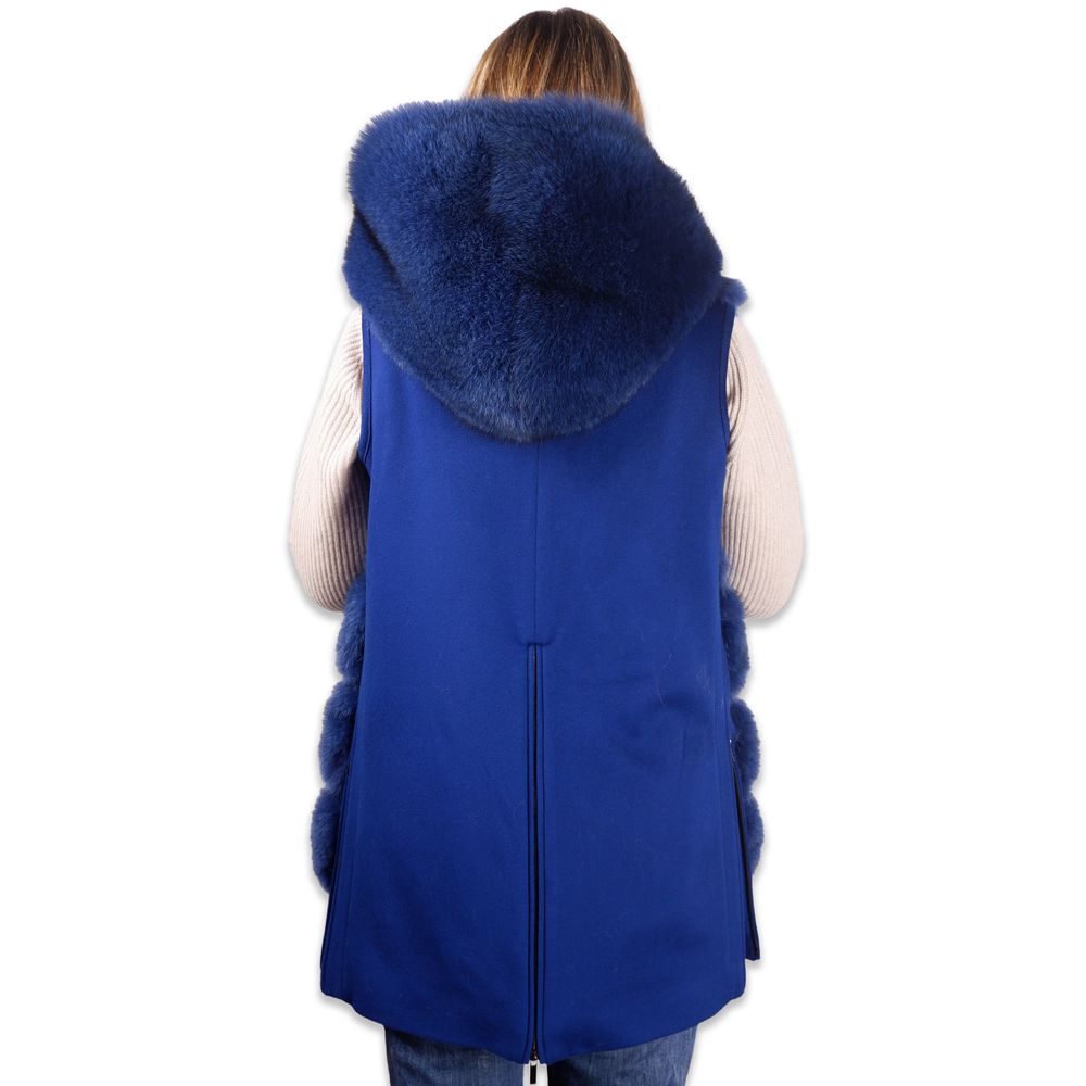 Elegant Sleeveless Wool Coat with Fox Fur Trim - GlamHub Luxury and Icon Brand Clothing