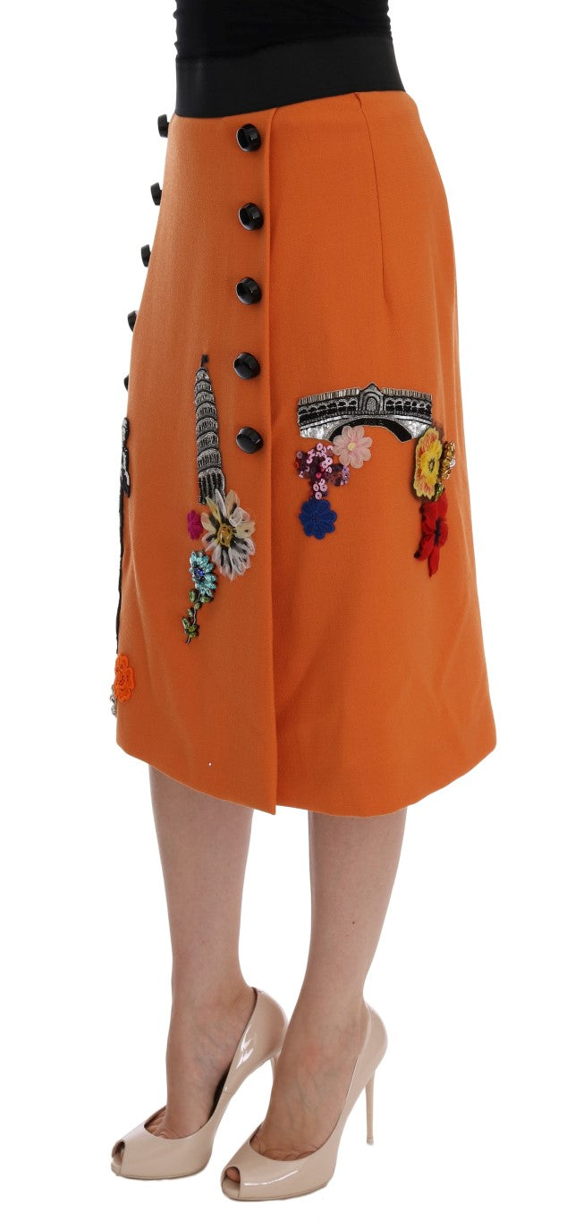 Embellished Wool Skirt in Vivid Orange - GlamHub Luxury and Icon Brand Clothing