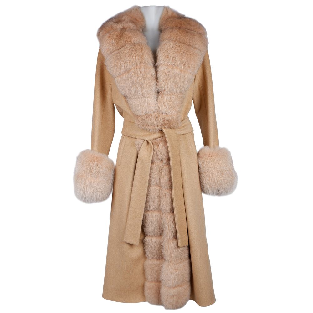 Elegant Beige Wool Coat with Fox Fur Trim - GlamHub Luxury and Icon Brand Clothing