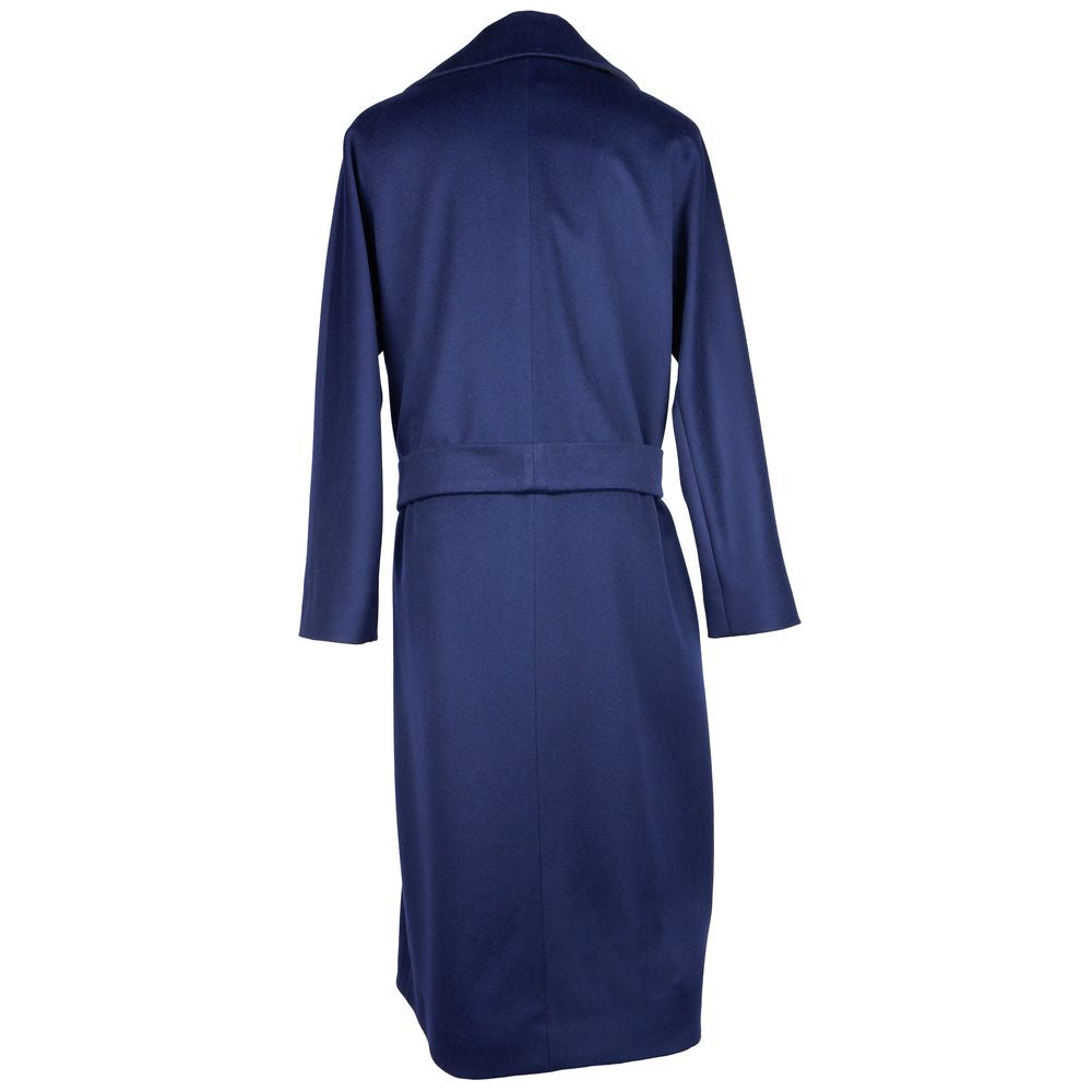 Elegant Blue Wool Coat with Ribbon Belt - GlamHub Luxury and Icon Brand Clothing