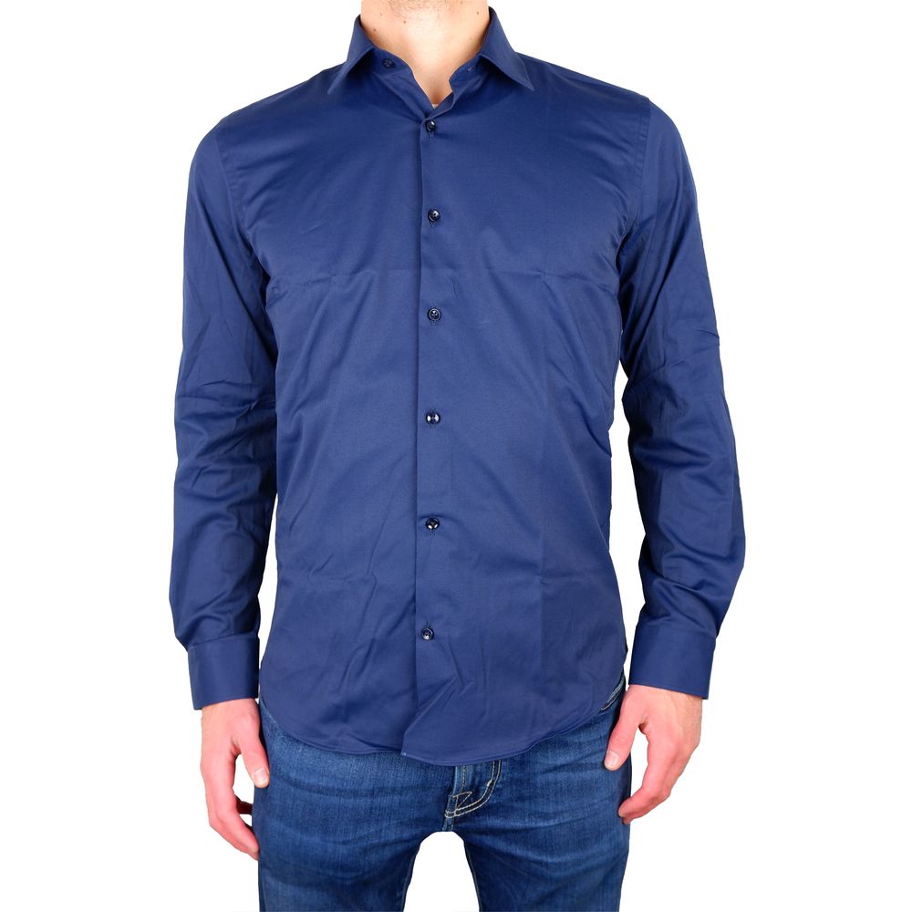 Elegant Milano Blue Satin Cotton Shirt - GlamHub Luxury and Icon Brand Clothing