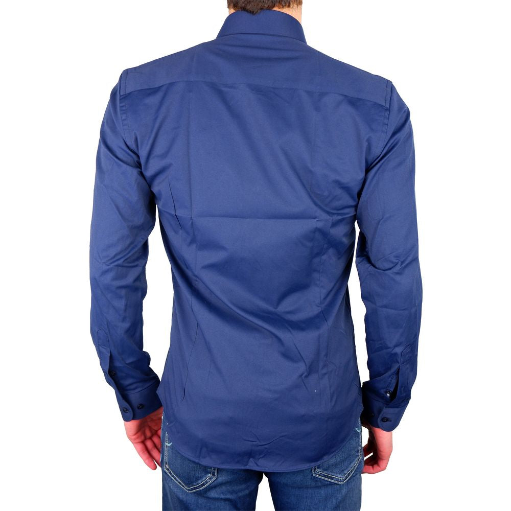 Elegant Milano Blue Satin Cotton Shirt - GlamHub Luxury and Icon Brand Clothing