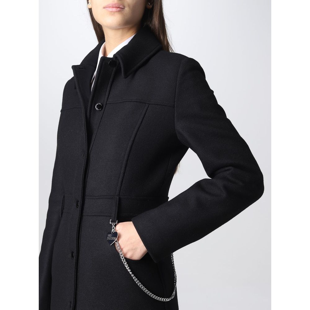 Elegant Black Wool Coat with Silver Chain Detail - GlamHub Luxury and Icon Brand Clothing