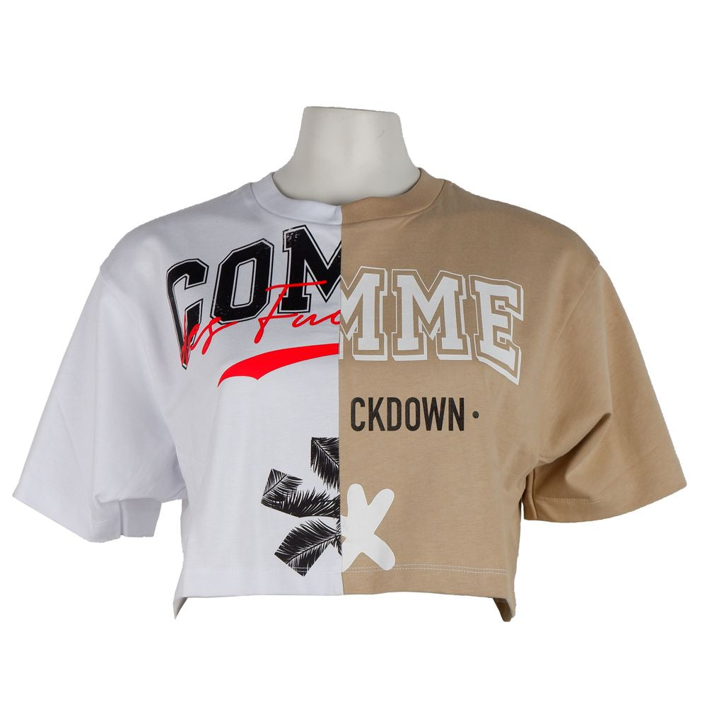 Beige Couture Logo Tee with Two-Tone Print - GlamHub Luxury and Icon Brand Clothing