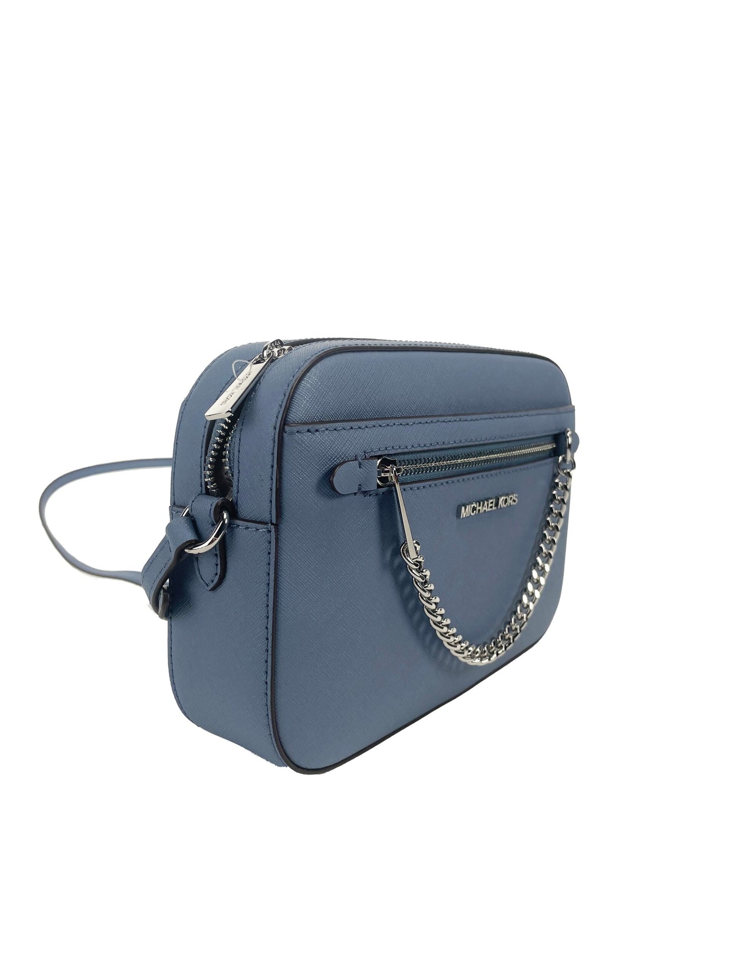 Jet Set East West Large Denim Leather Zip Chain Crossbody Bag - GLAMHUB BOUTIQUE 