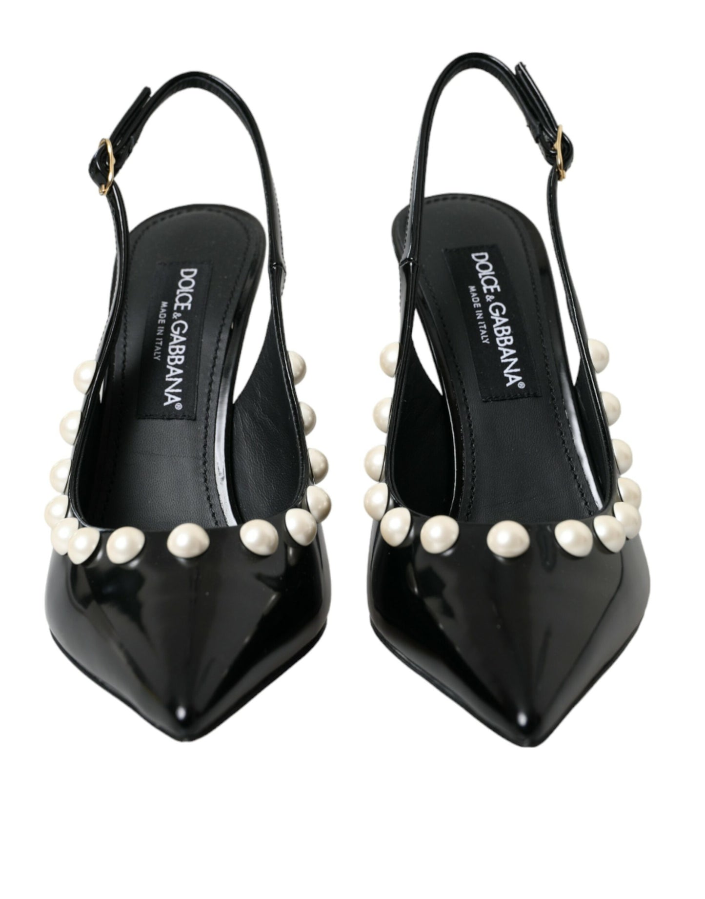 Black Leather Faux Pearl Heel Slingback Shoes