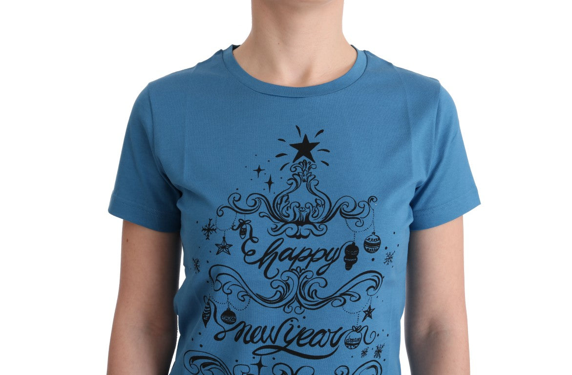 Chic Blue Cotton Tee with 2017 Print - GlamHub Luxury and Icon Brand Clothing