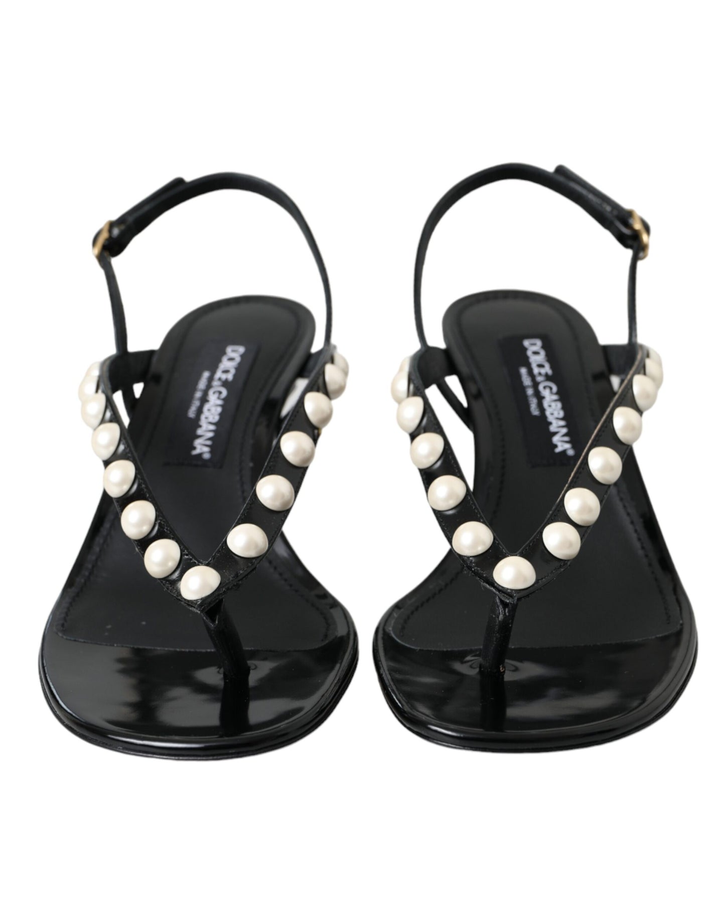 Black Leather Faux Pearl Heel Sandals Shoes