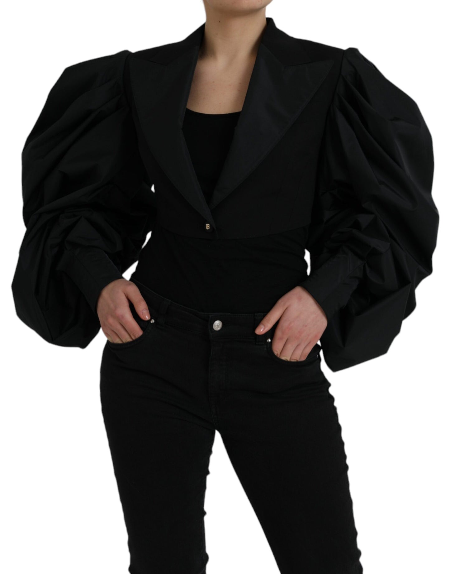 Black Polyester Puffed Sleeves Cropped Jacket