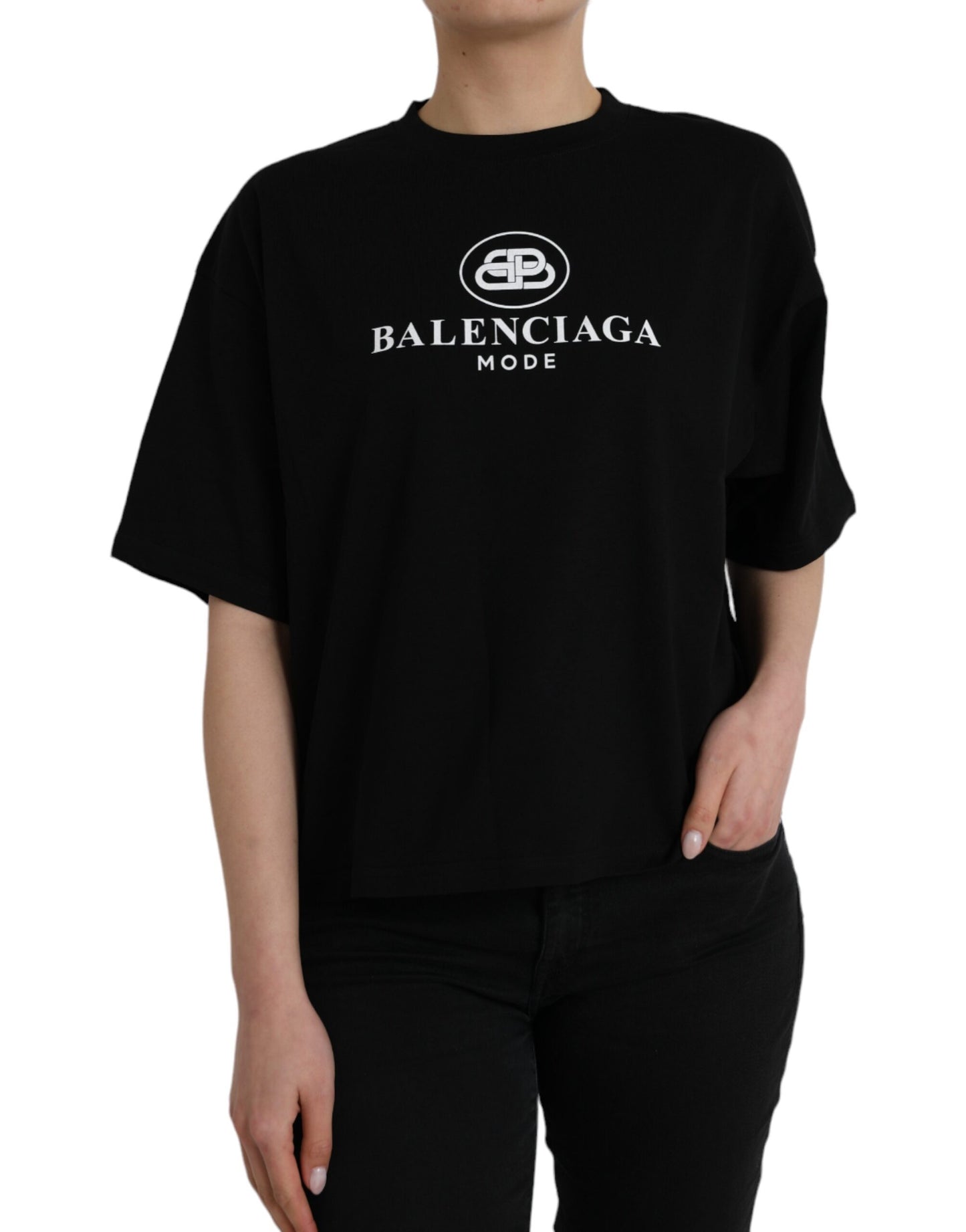 Black Cotton Logo Crew Neck Short Sleeves T-shirt - GLAMHUB BOUTIQUE 