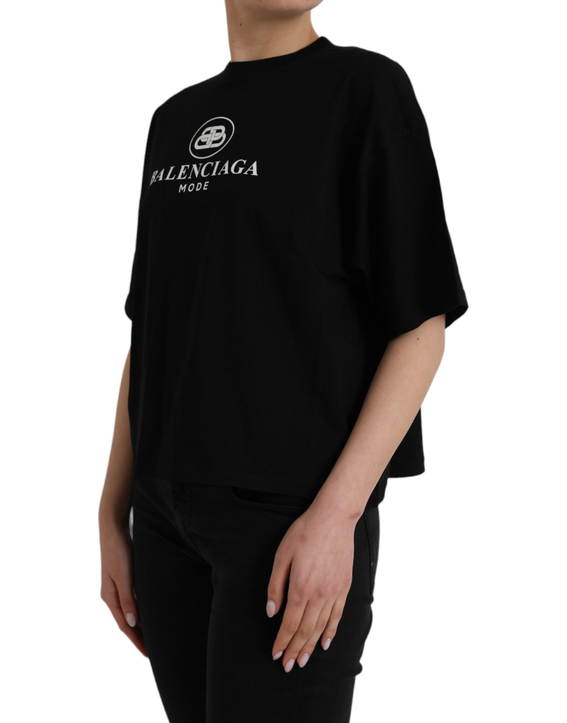 Black Cotton Logo Crew Neck Short Sleeves T-shirt - GLAMHUB BOUTIQUE 