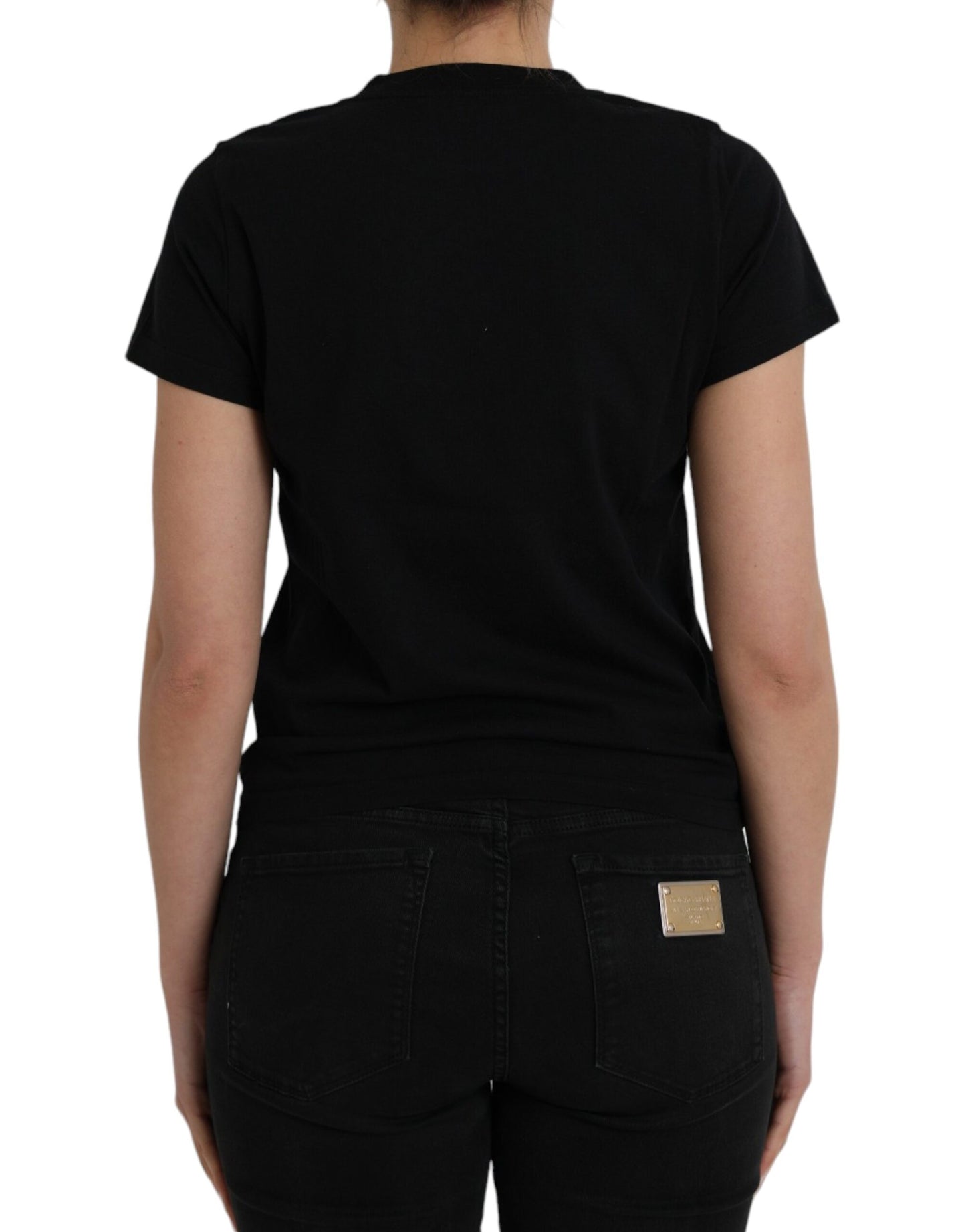 Black Cotton Logo Print Crew Neck Short Sleeves T-shirt - GLAMHUB BOUTIQUE 