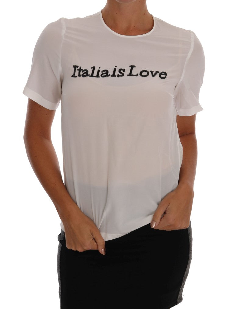 Silk Sequined 'Italia Is Love' White Blouse - GlamHub Luxury and Icon Brand Clothing